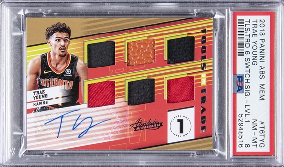 2018-19 Panini Absolute Memorabilia Tools of the Trade Six Swatch Signatures #T6TYG Trae Young Signed Rookie Card (#11/49) - PSA NM-MT 8